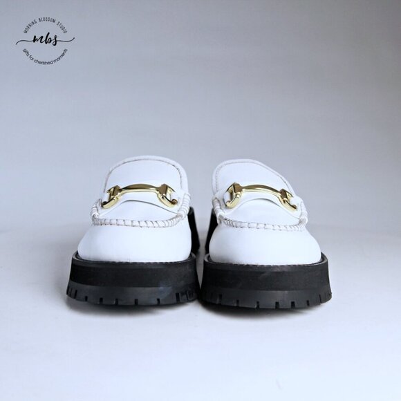 Nasty Gal Leather Chunky Backless Loafers White Gold Women UK 8 EU 41 US 10 - Picture 4 of 15